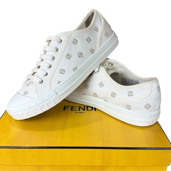 Fendi Domino White Canvas Logo Unisex Sneakers Women’s 11.5/ Men’s 10 - Pristine - Picture 12 of 15